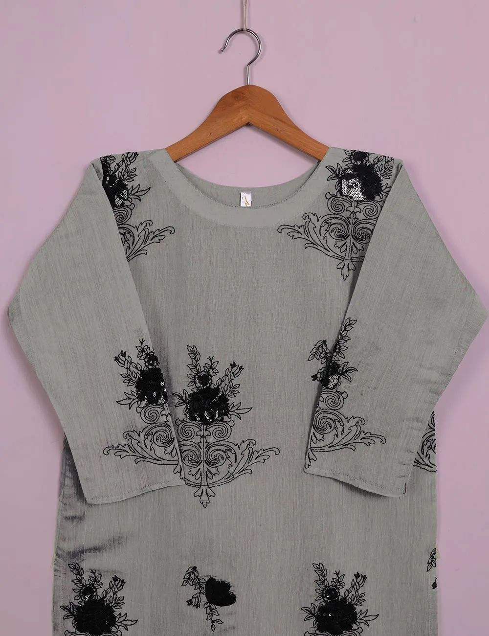 TS-115A-Grey - Paper Cotton Embroidered Stitched Kurti