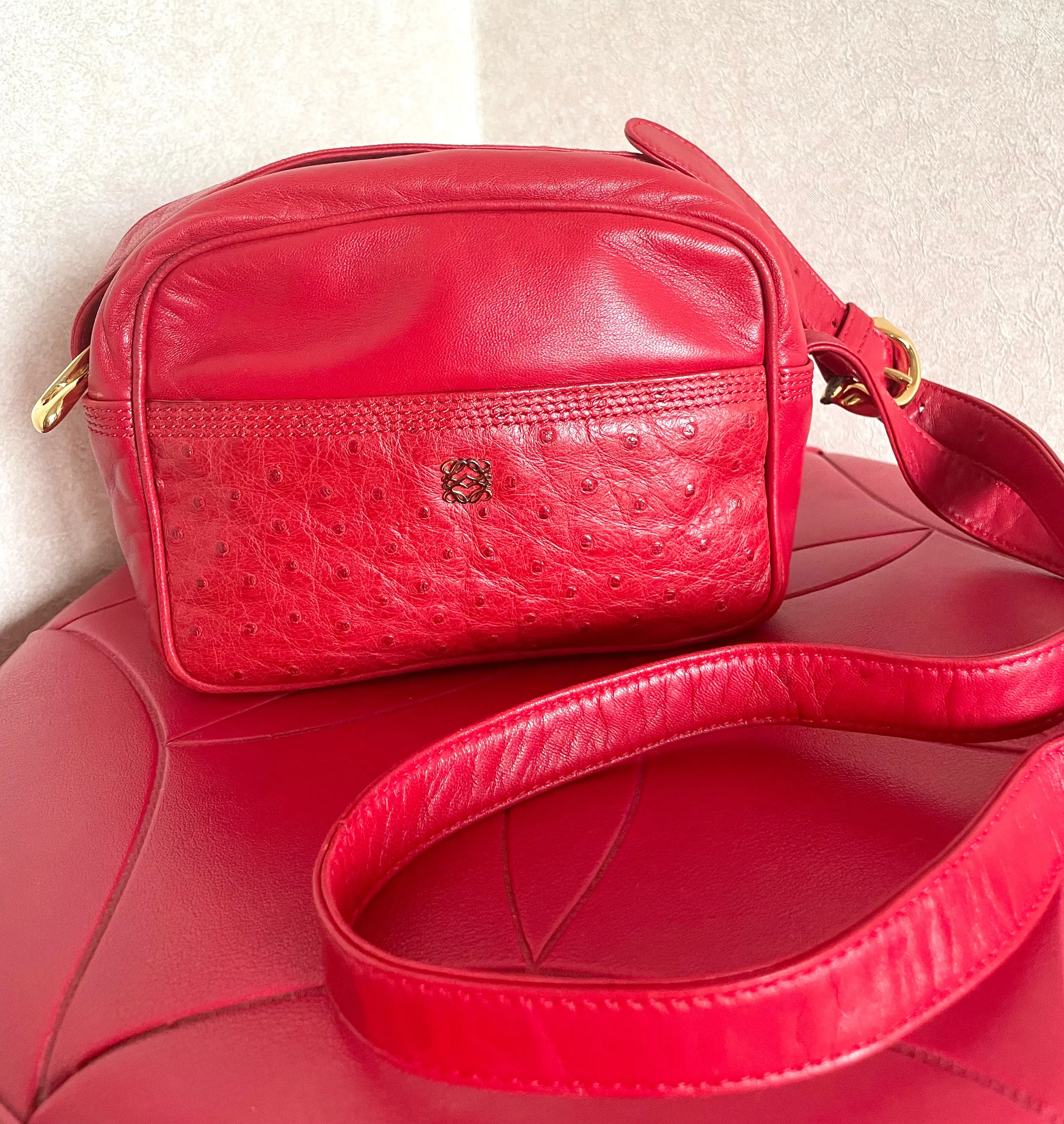 Vintage LOEWE red genuine ostrich and nappa leather bag style shoulder bag with metal logo motif. Rare masterpiece. 050531yc2