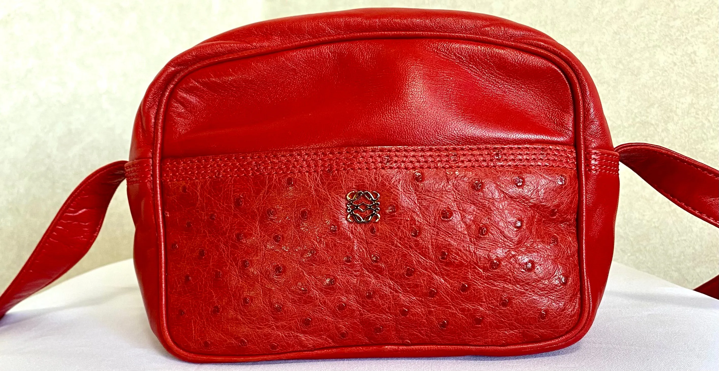 Vintage LOEWE red genuine ostrich and nappa leather bag style shoulder bag with metal logo motif. Rare masterpiece. 050531yc2