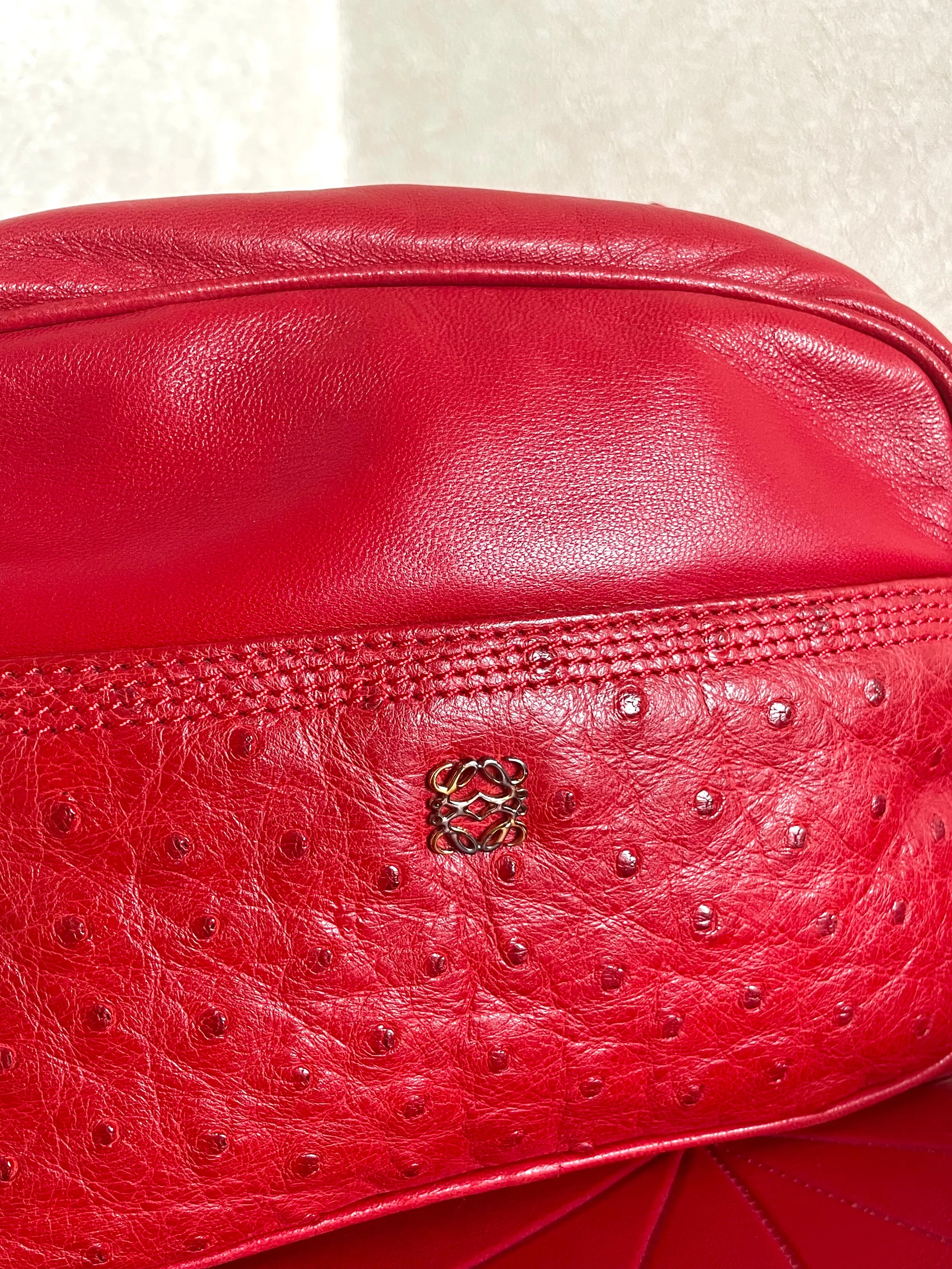 Vintage LOEWE red genuine ostrich and nappa leather bag style shoulder bag with metal logo motif. Rare masterpiece. 050531yc2
