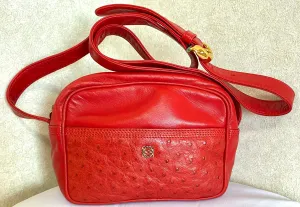 Vintage LOEWE red genuine ostrich and nappa leather bag style shoulder bag with metal logo motif. Rare masterpiece. 050531yc2