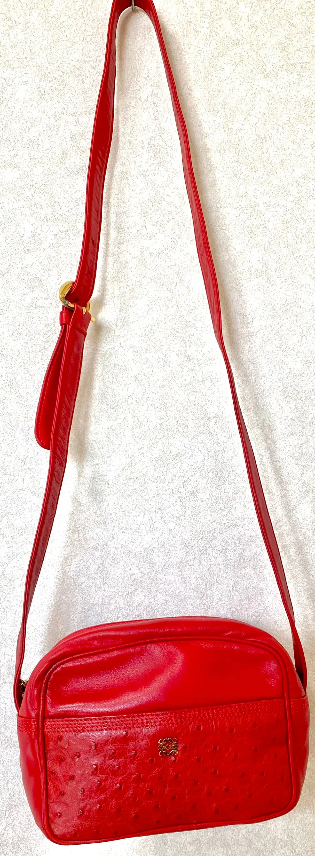 Vintage LOEWE red genuine ostrich and nappa leather bag style shoulder bag with metal logo motif. Rare masterpiece. 050531yc2