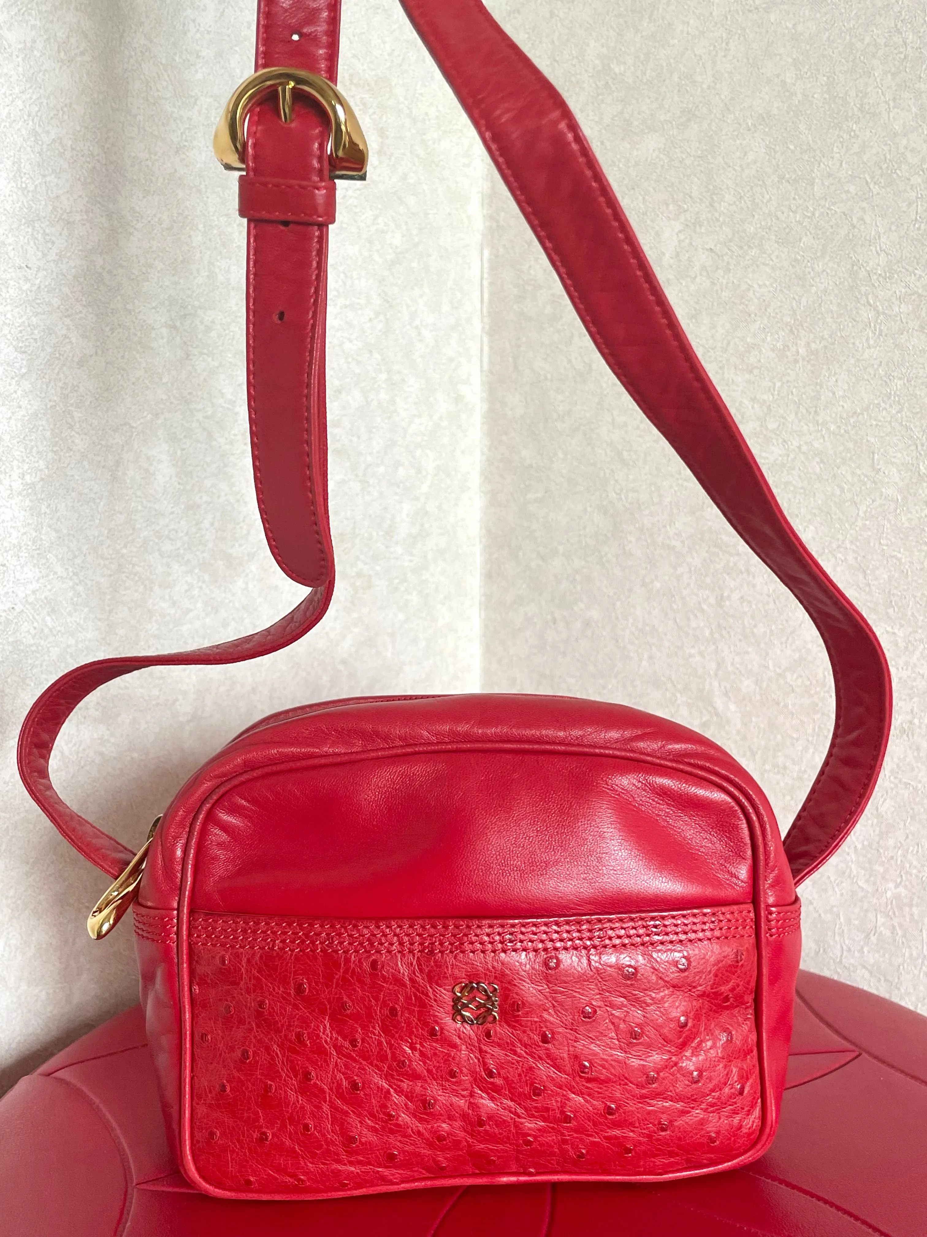 Vintage LOEWE red genuine ostrich and nappa leather bag style shoulder bag with metal logo motif. Rare masterpiece. 050531yc2