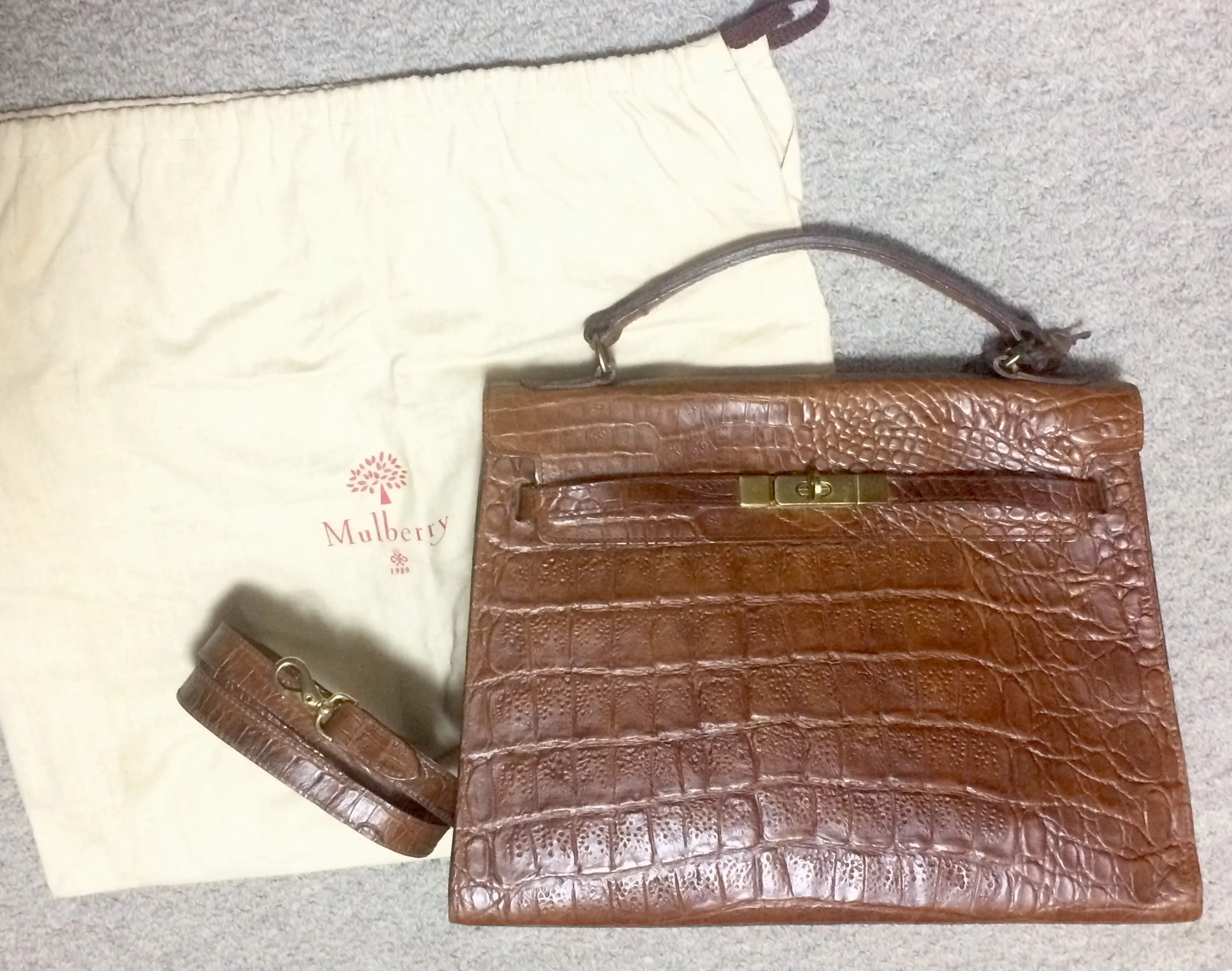 Vintage Mulberry croc embossed leather Kelly bag with shoulder strap. Roger Saul era. Rare masterpiece. 050201rl