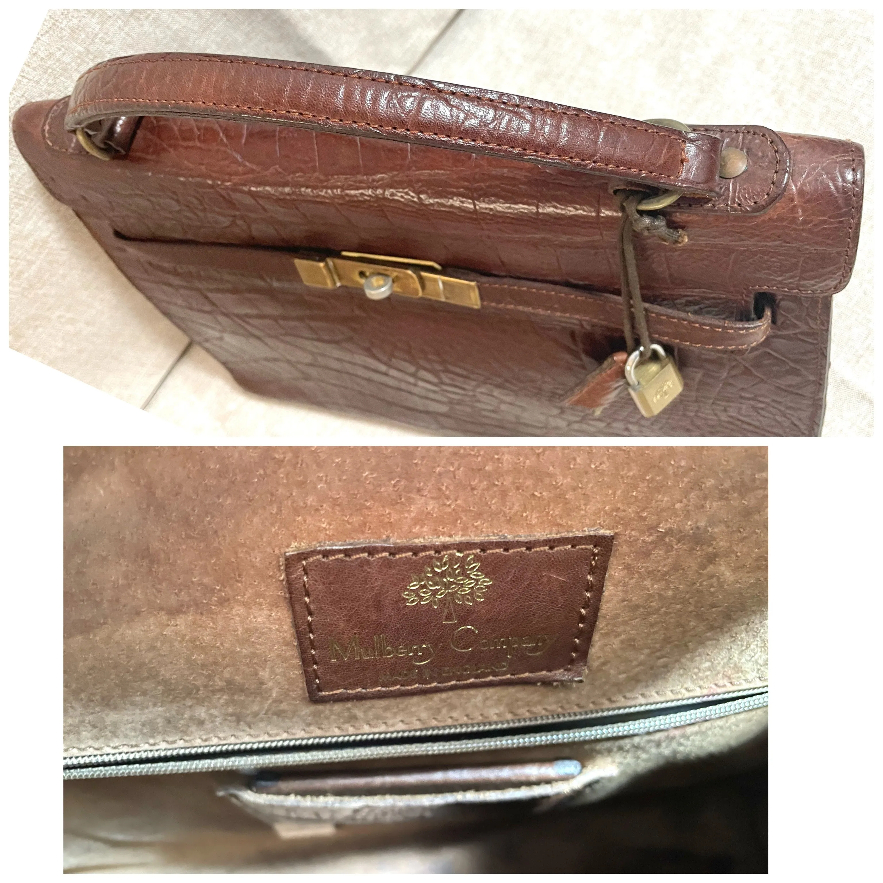 Vintage Mulberry croc embossed leather Kelly bag with shoulder strap. Roger Saul era. Rare masterpiece. 061118r1