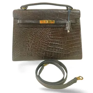 Vintage Mulberry darkbrown croc embossed leather Kelly bag with shoulder strap. Roger Saul era. Rare masterpiece. 070220yf