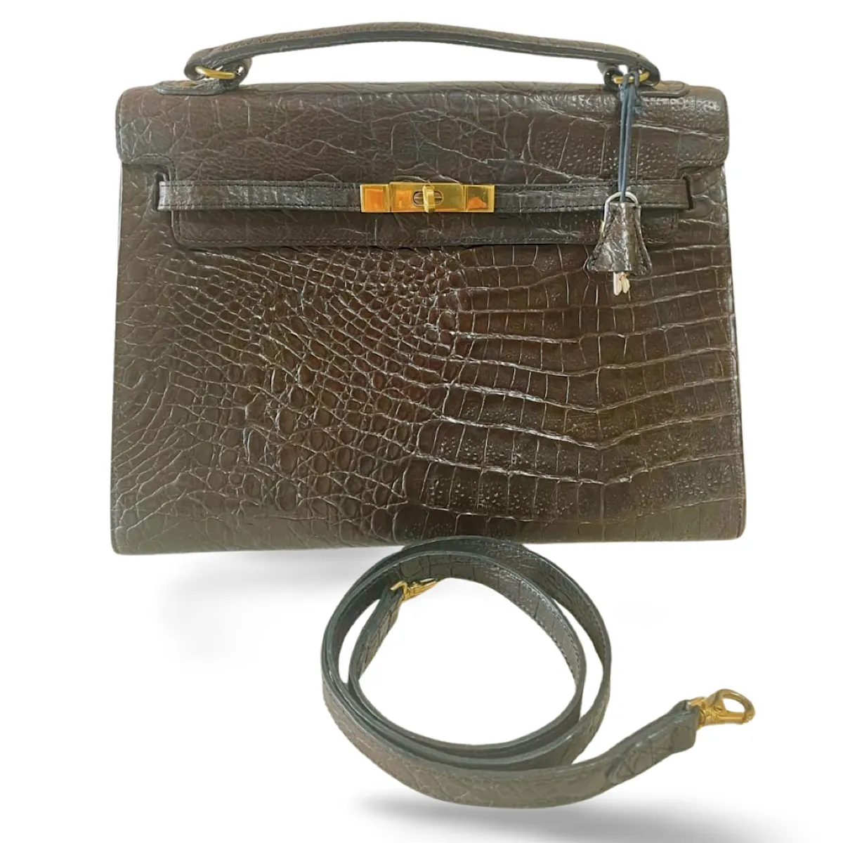 Vintage Mulberry darkbrown croc embossed leather Kelly bag with shoulder strap. Roger Saul era. Rare masterpiece. 070220yf