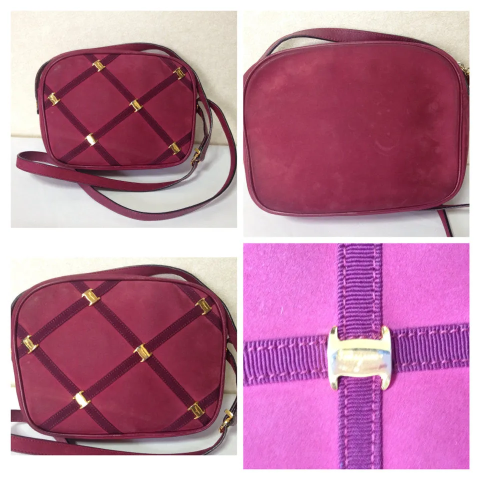 Vintage Salvatore Ferragamo vara collection wine, purple suede leather shoulder bag with golden bow charm. 050816f5