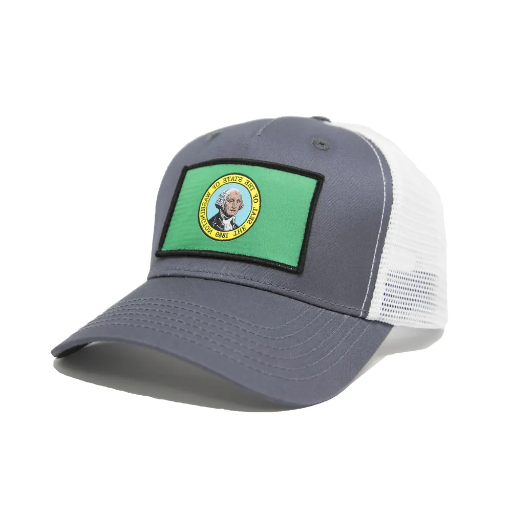 Washington State Flag Trucker Baseball Snapback Hat Grey - International Tie