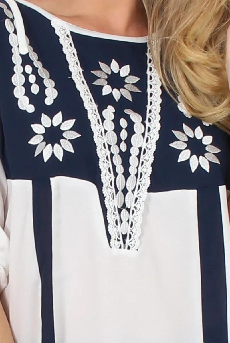 White & Blue Embroidered Top - Heather