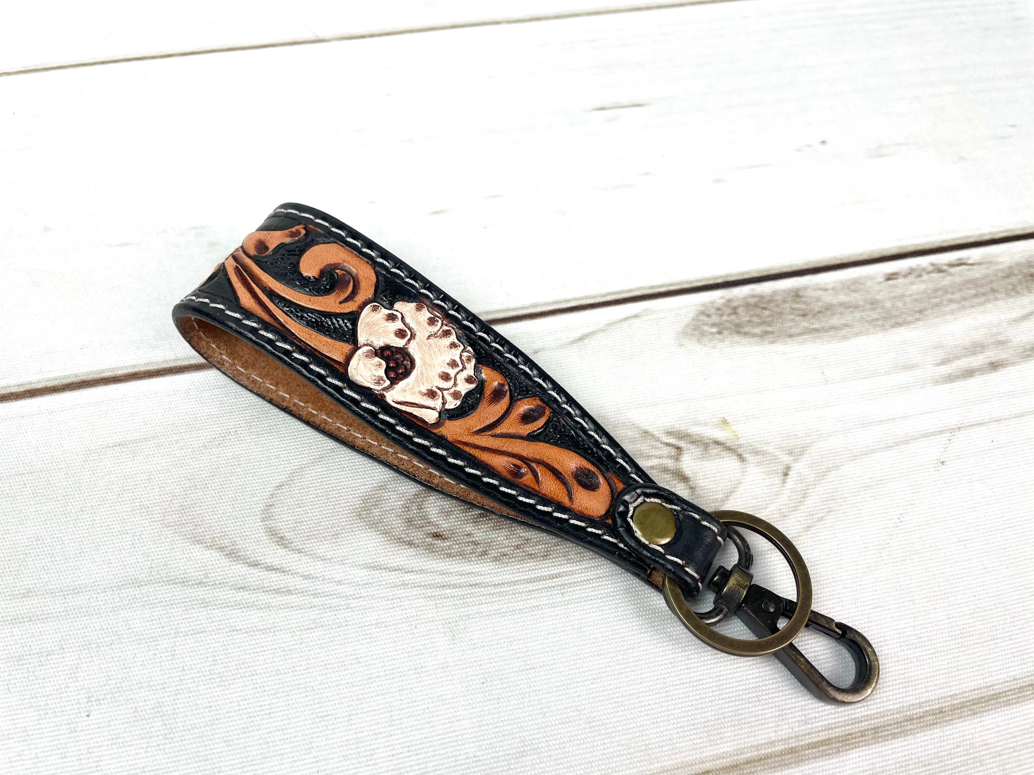 Wide Tooled Leather Key Fobs