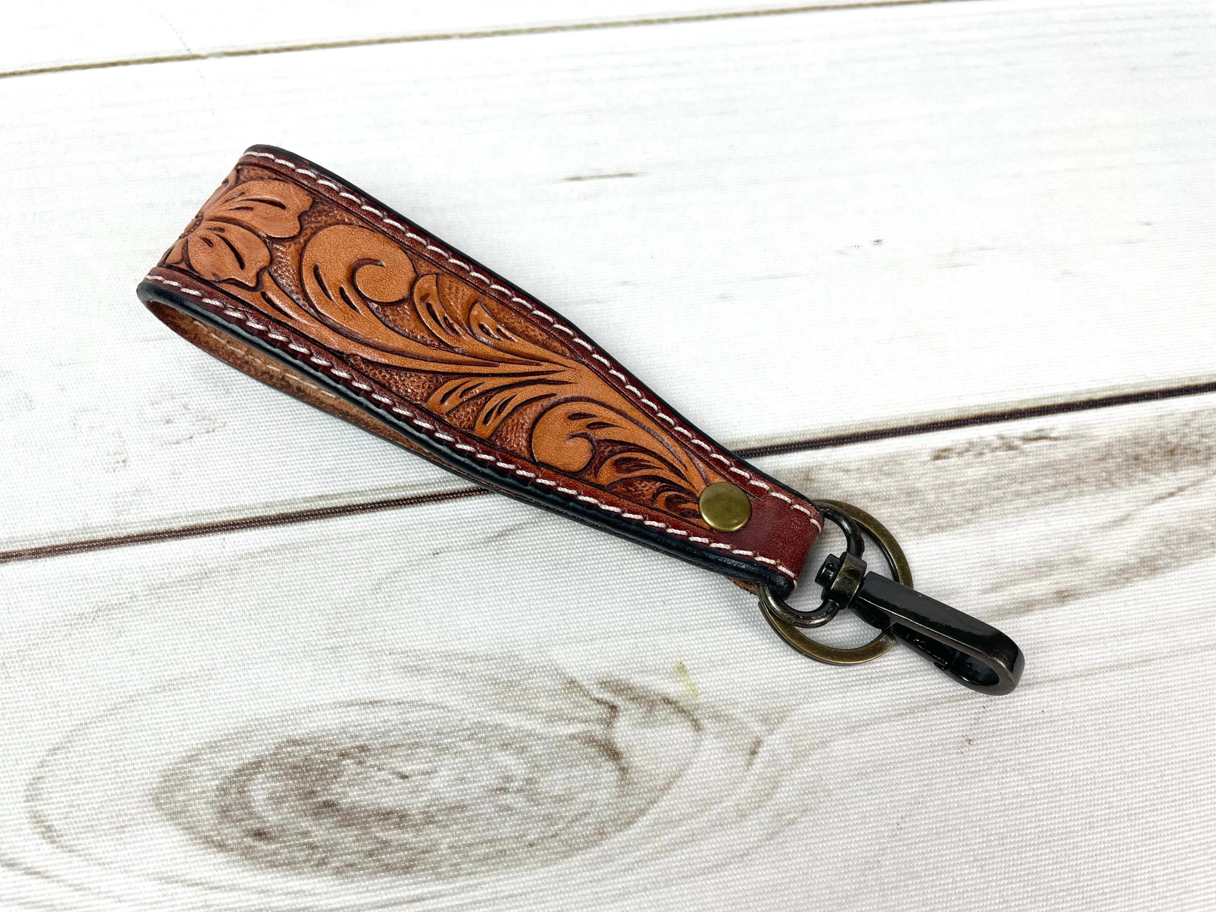 Wide Tooled Leather Key Fobs