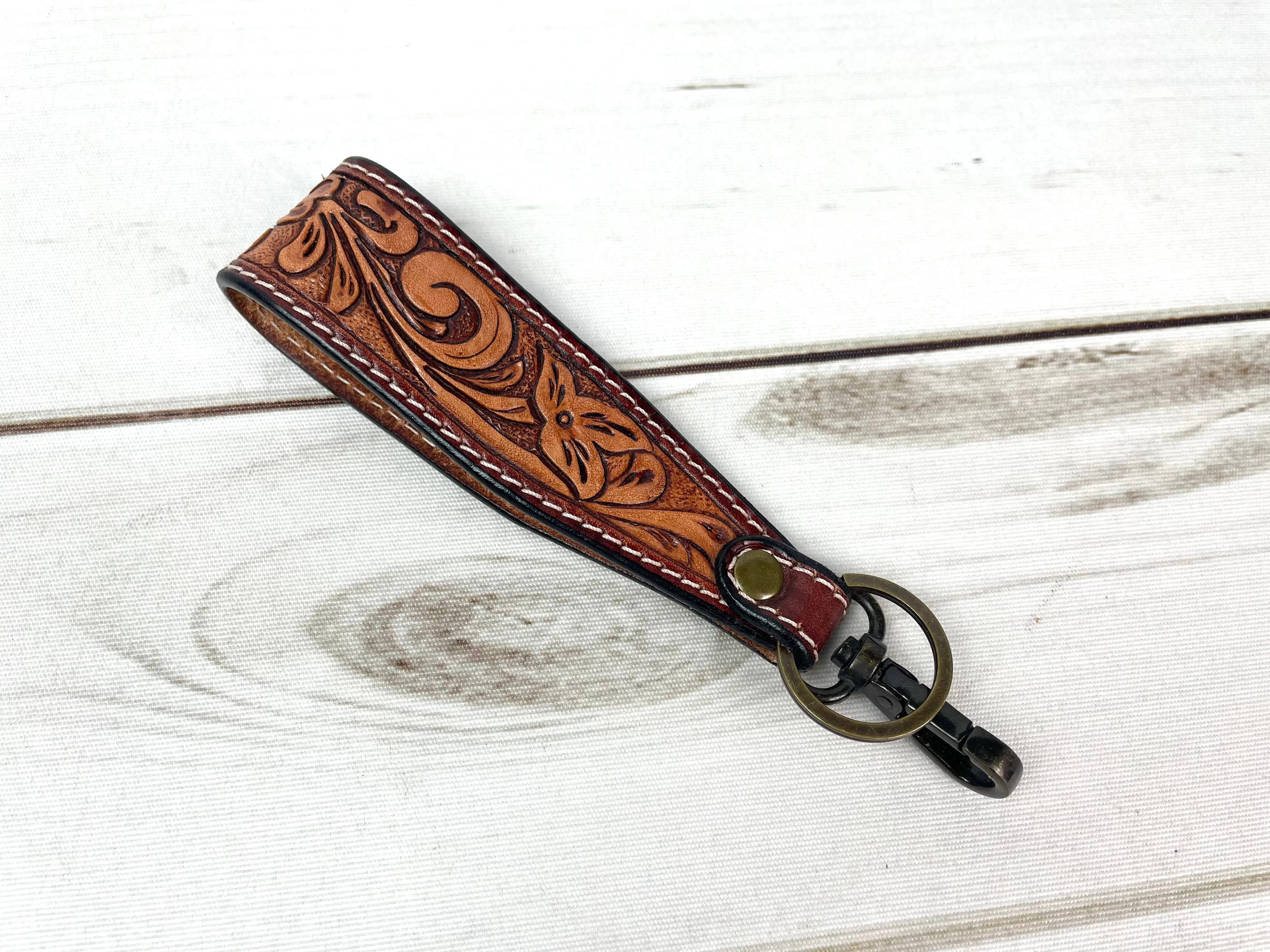 Wide Tooled Leather Key Fobs