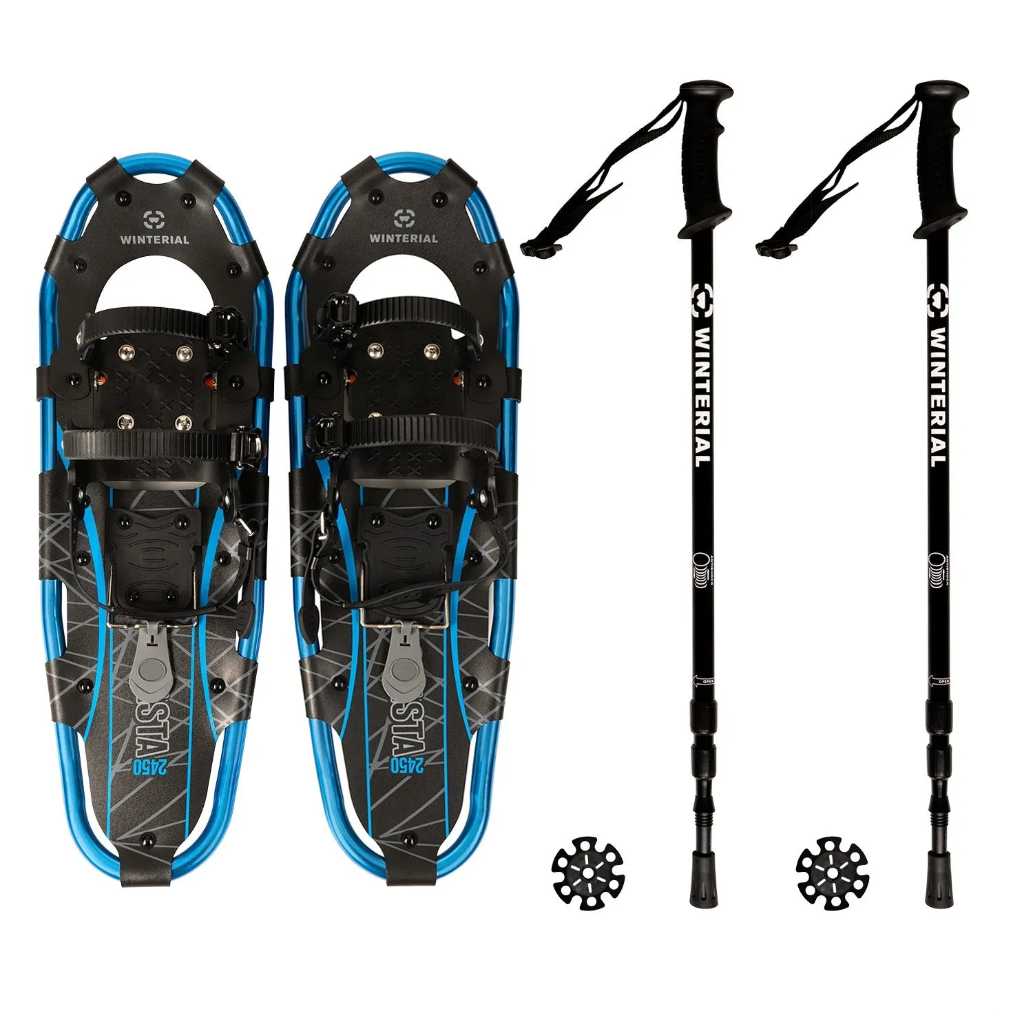 Winterial Shasta Snowshoes 25-Inch Lightweight Aluminum All Terrain Blue and Black Snow Shoe. Includes Carry Bag, Adjustable Poles