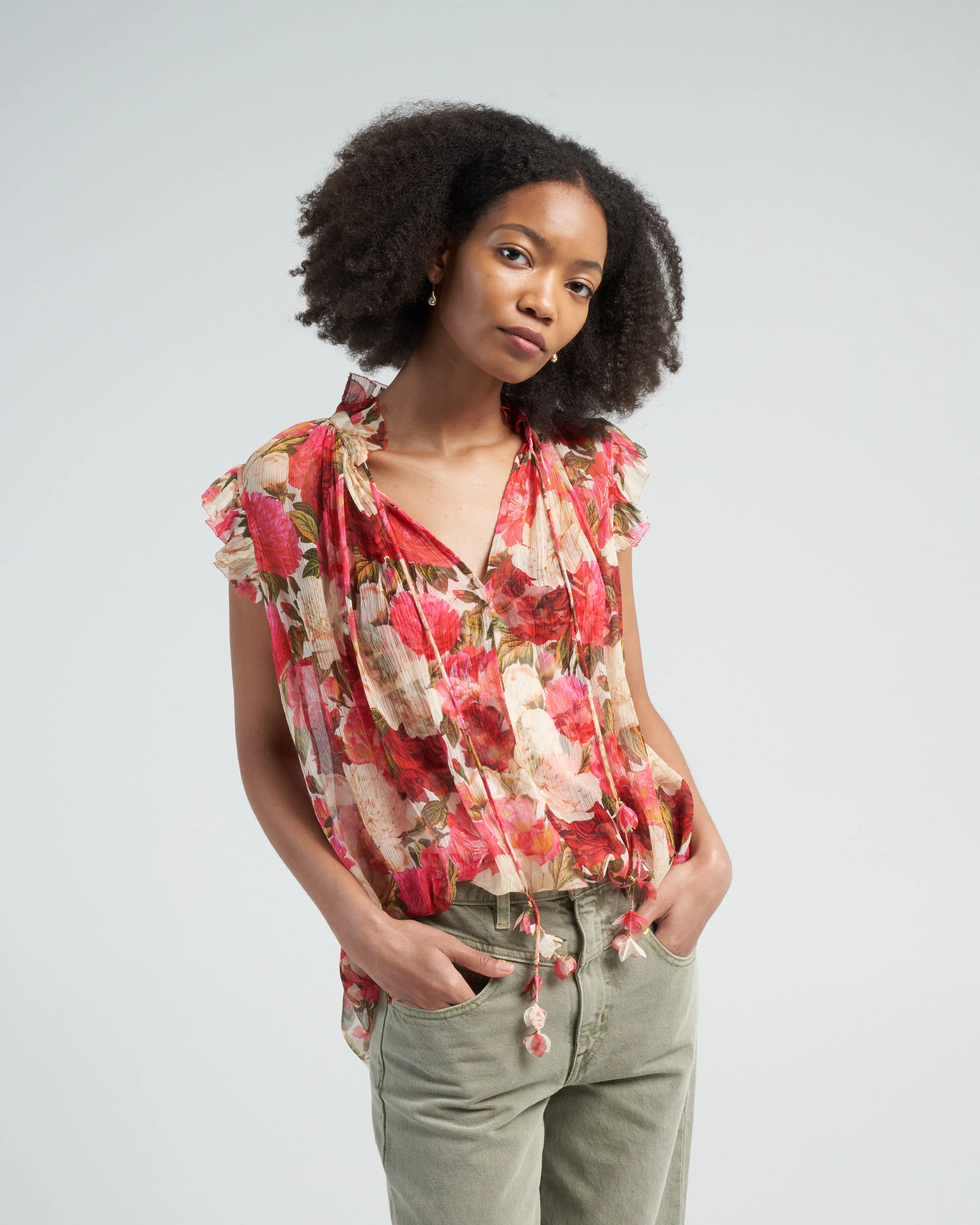 wonderland frilled tank - pink peonies