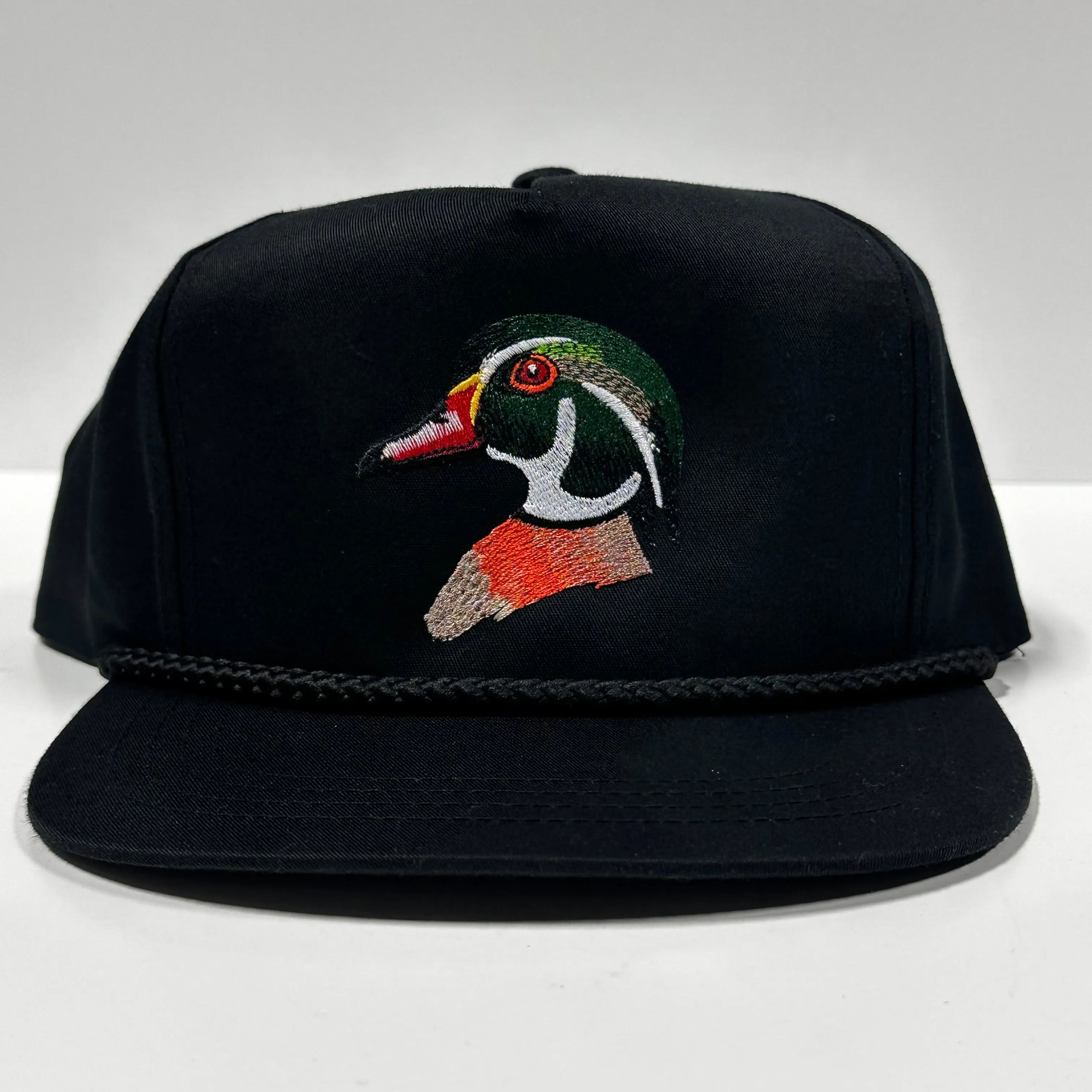 Wood Duck on a Black SnapBack Hat Cap with Rope Custom Embroidered