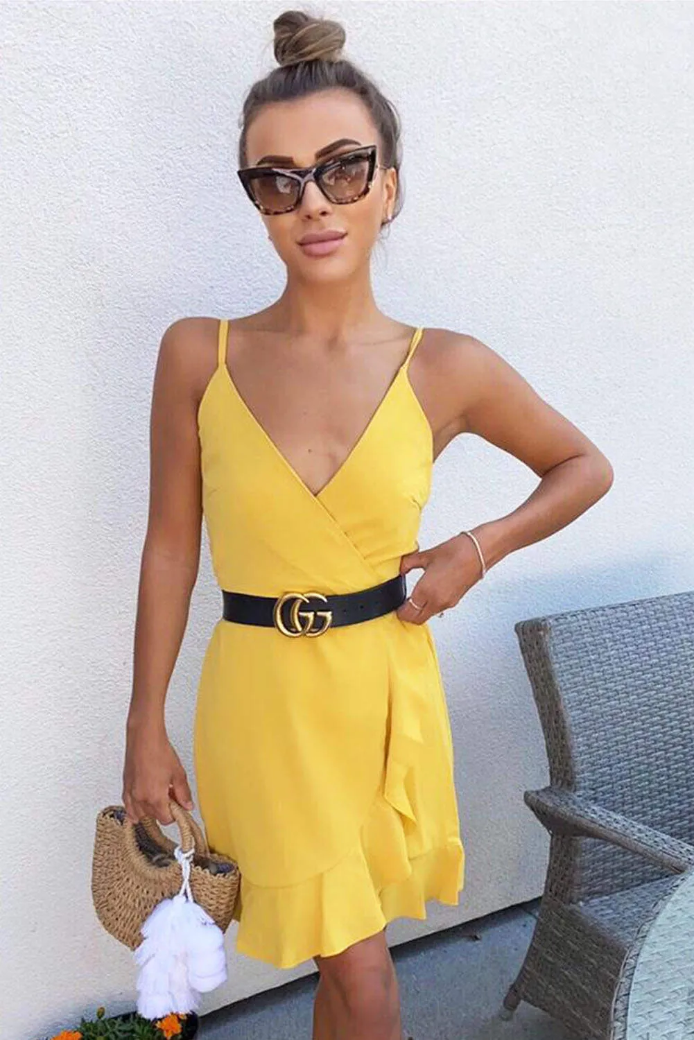 Yellow Strappy Frill Hem Mini Dress